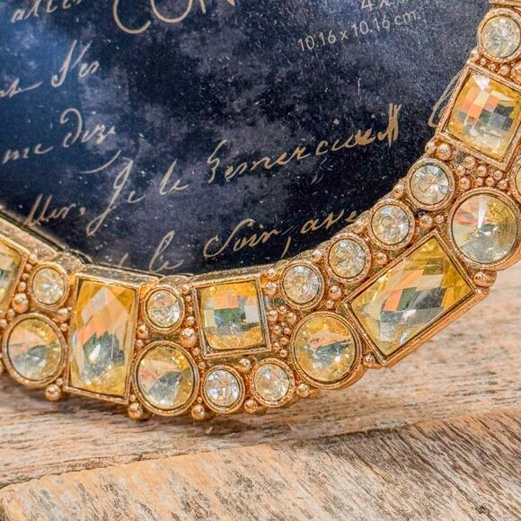 Vintage Concepts Round Gold-Toned Picture Frame w/ Rhinestones-Holds 4"x4" Photo - Picture 3 of 8